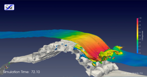 Computational Fluid Dynamics model results showing a wave breaking on the Hilo Breakwater.